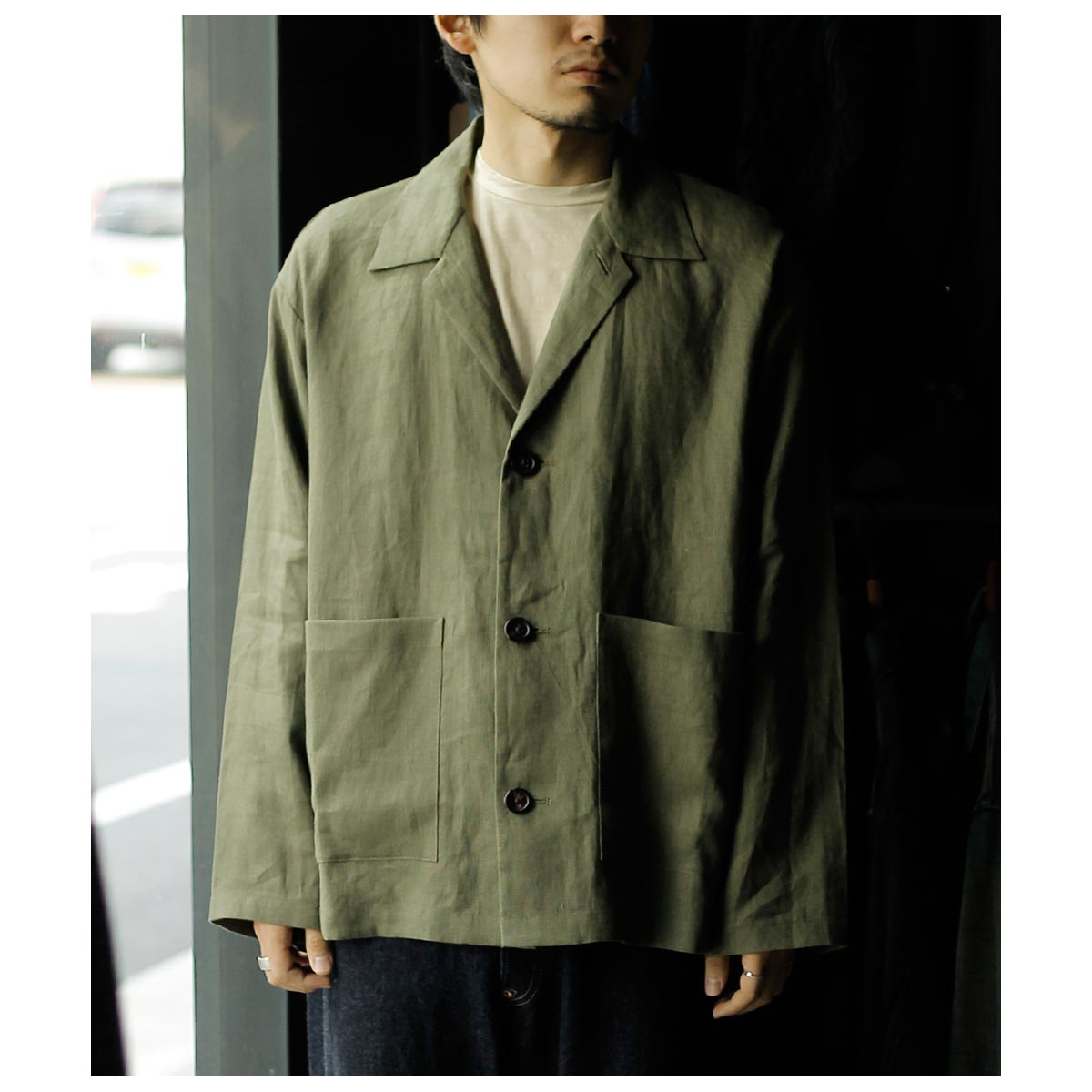 インテリム INTERIM スーチング リネン オープン カラー オーバー