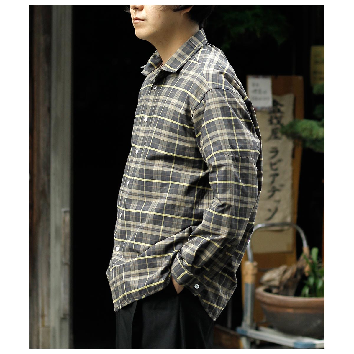 マナベ MANAVE タックカラー チェック シャツ Tuck Collar Check