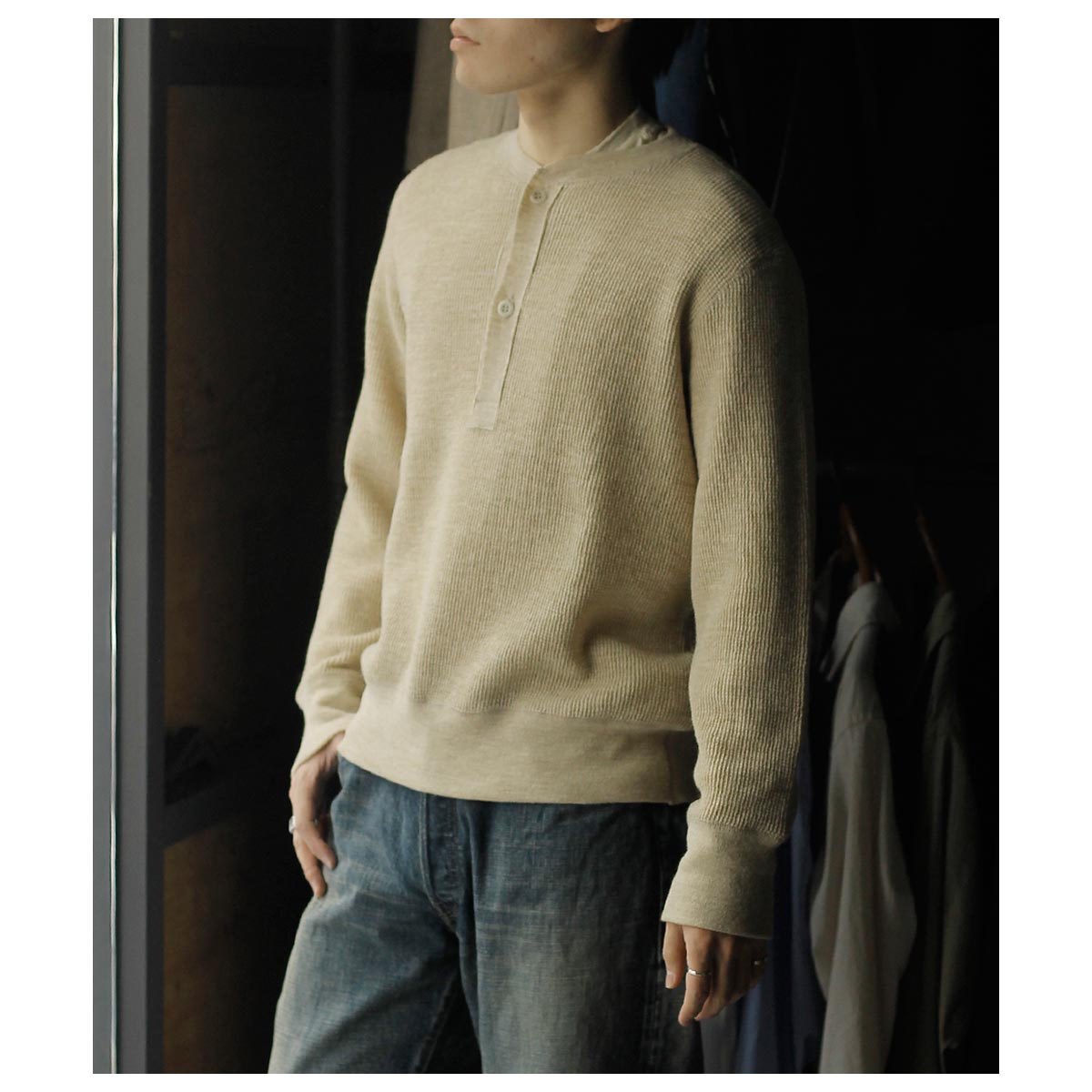 スロープスロー Slopeslow ドライ ウール ワッフル ヘンリーネック